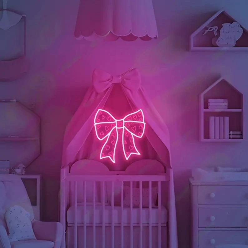 Pink Bow Neon Sign-Pink Trendy Wall Art Girl's Room Decor Valentine Gift