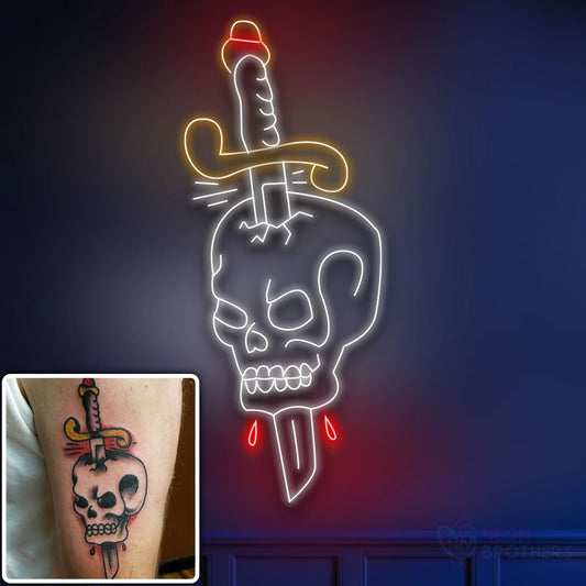 Skull & Dagger Neon Sign – Edgy Tattoo-Inspired LED Wall Art