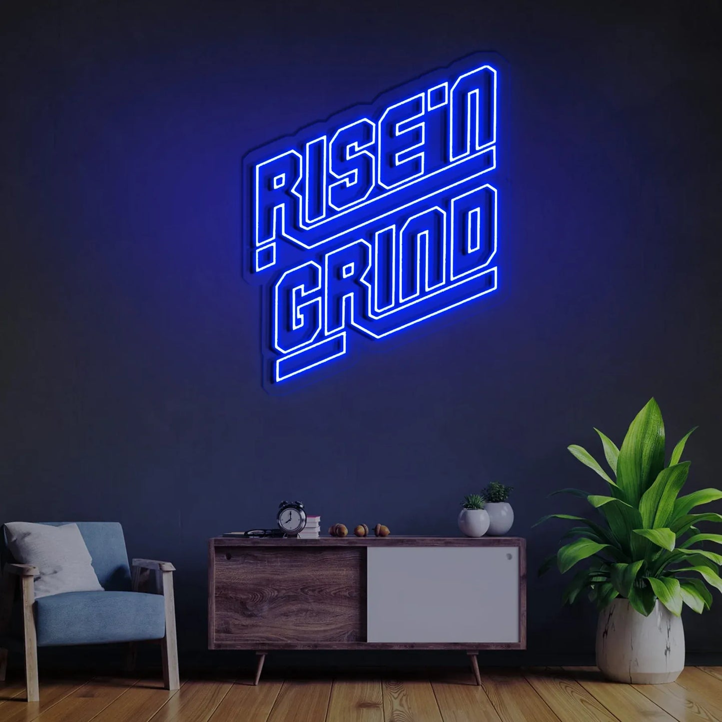 RISE N GRIND Neon Sign | Motivational LED Light for Gym, Office, or Bedroom