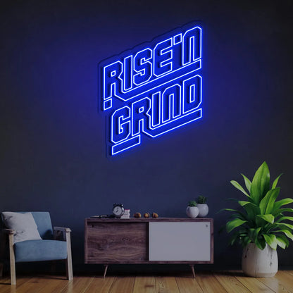 RISE N GRIND Neon Sign | Motivational LED Light for Gym, Office, or Bedroom