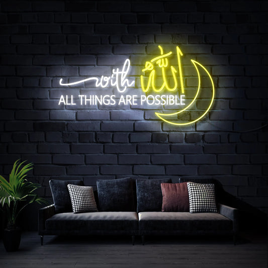 With Allah All Things Are Possible Neon Sign | LED Allah Light for Muslim Islamic Wall Decor, Quran Wall Art