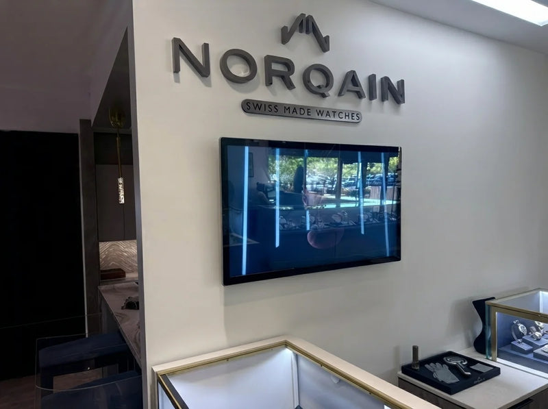Custom 3D luxury watch store wall sign for NORQAIN – Melbourne, VIC – Neon Brothers